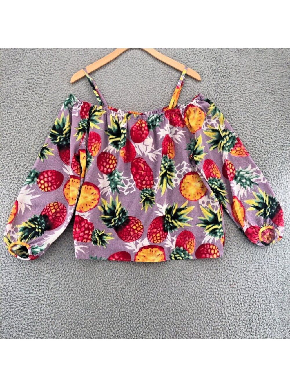 Entro Top Women Medium Purple Pink Pineapple Off Shoulder Crepe Tropical Blouse